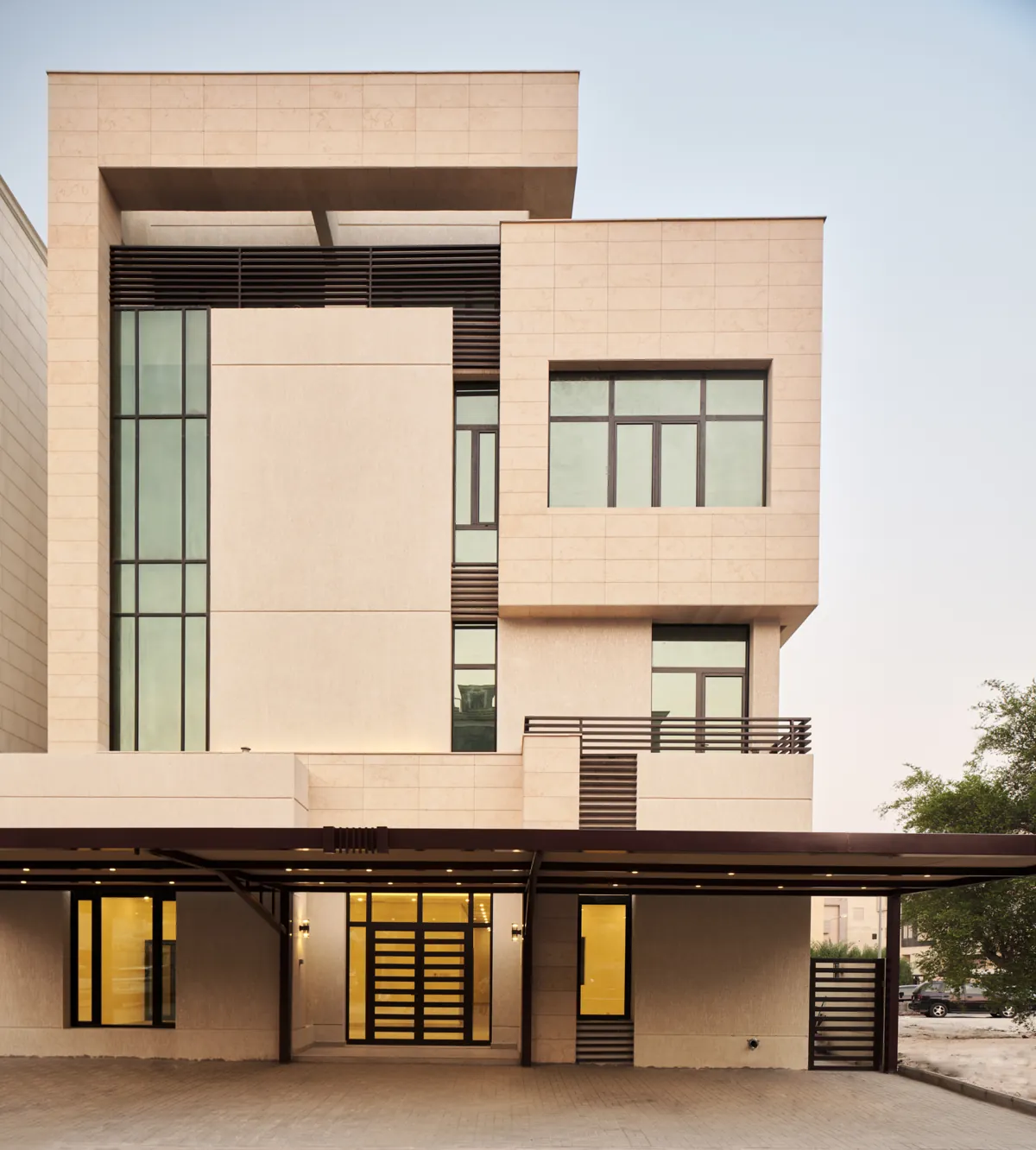 Completed villa facade in stone cladding