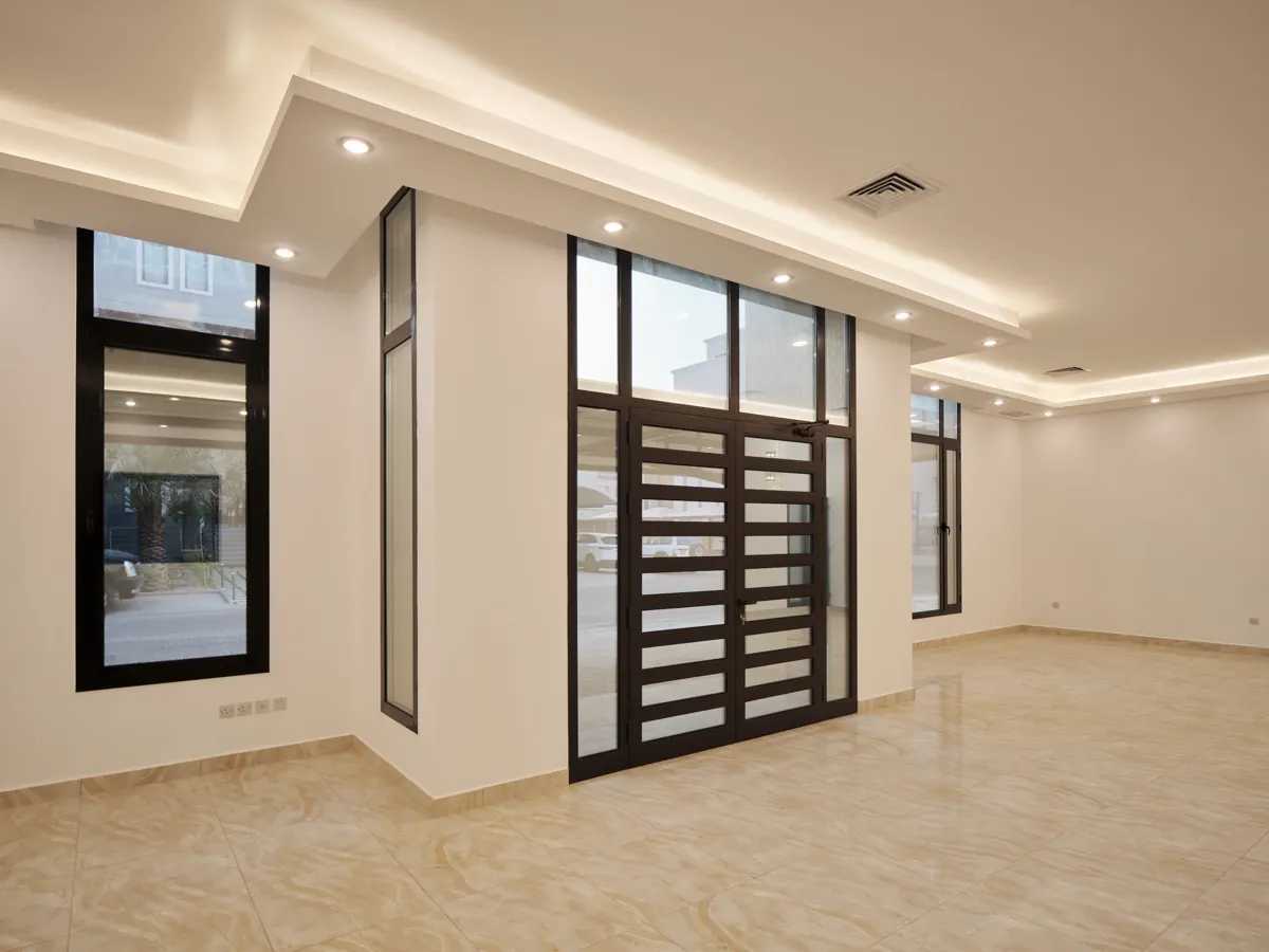 Finished reception hall with full-height glazing